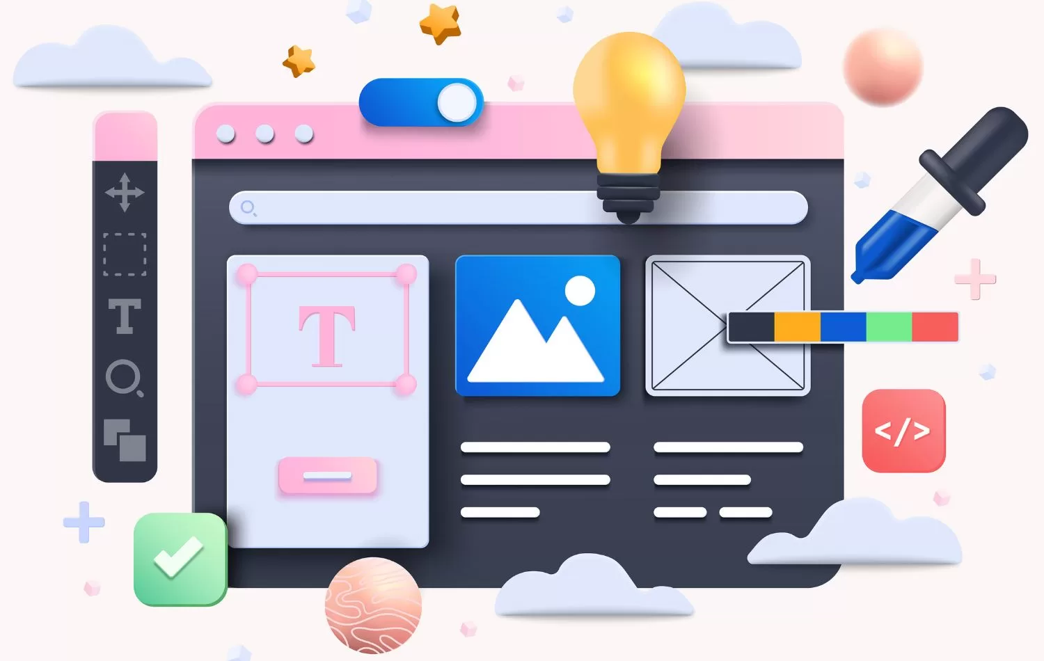 Claymation illustration with different web design aspects such as color-dropper, page layout, color guide, and more