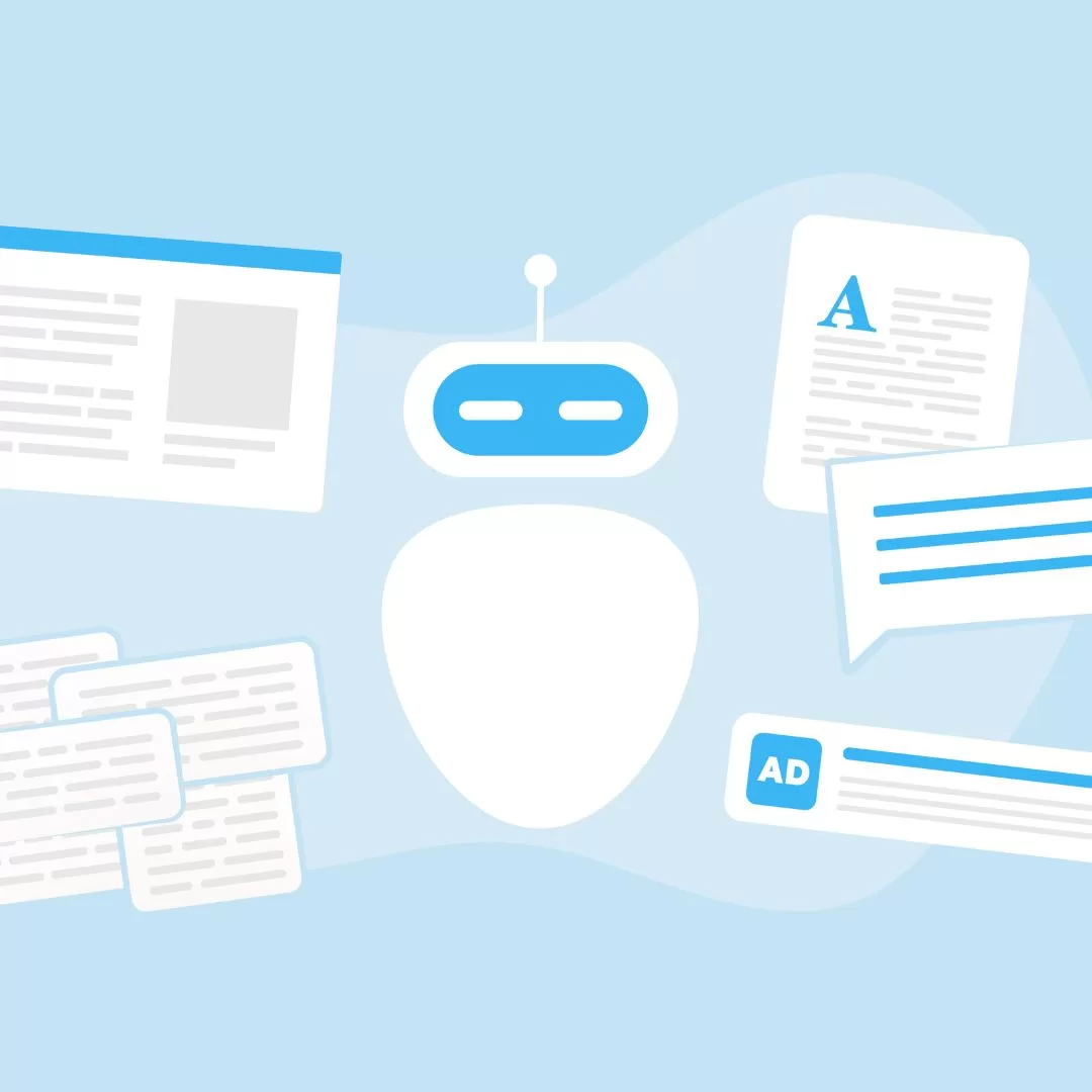 Illustration of a robot with different content-related images around it