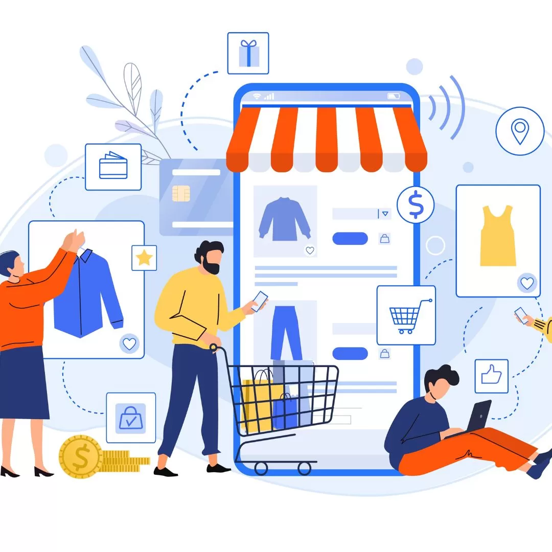 Illustration of several characters shopping online for various items