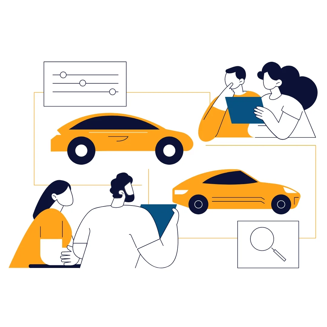 A graphic of customers shopping for cars online