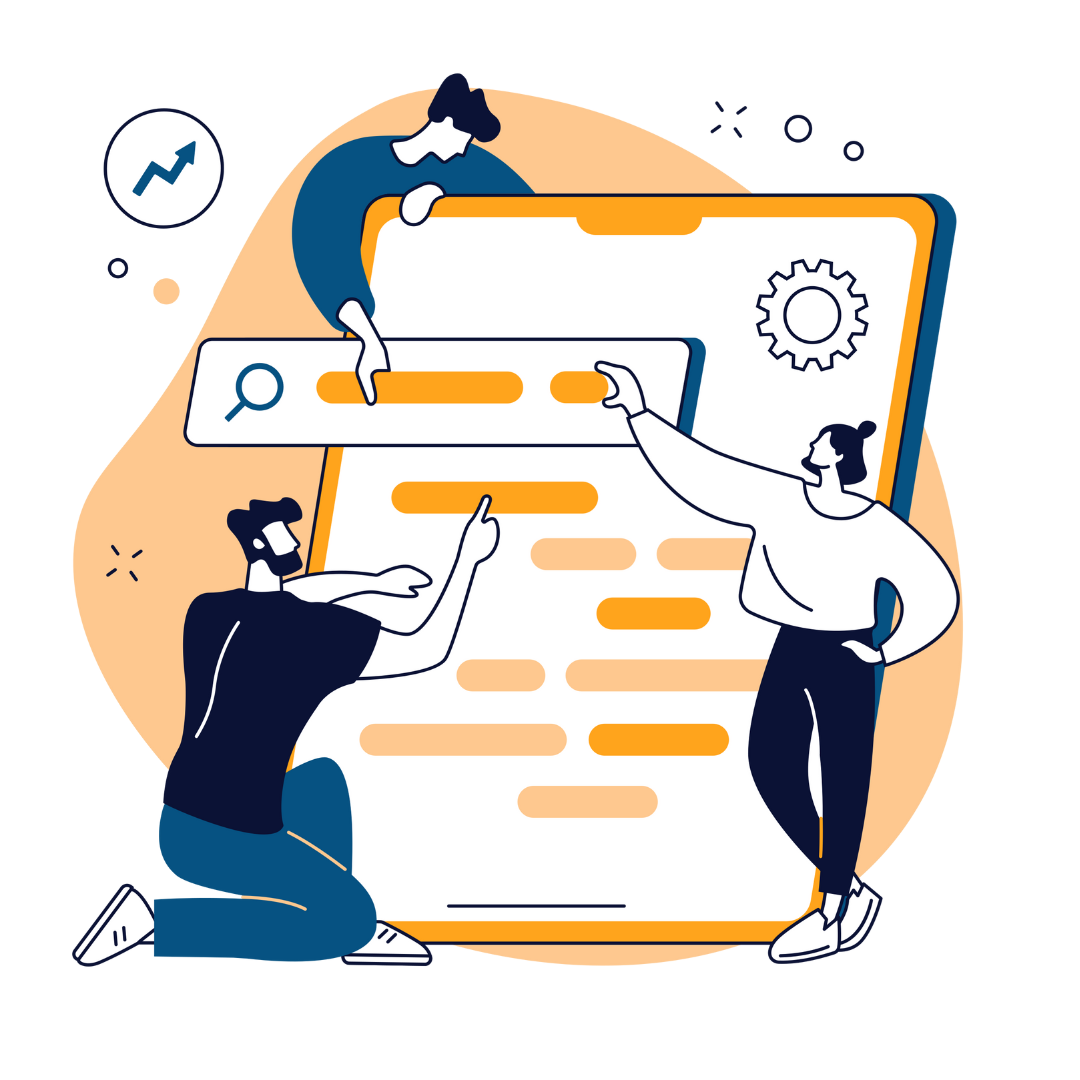 A graphic of three people working to optimize their website for SEO