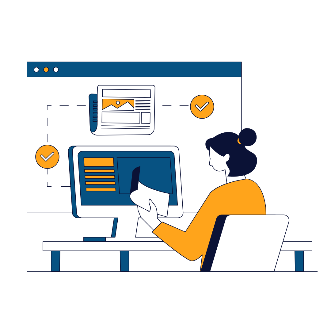 A graphic of a person sitting at a desk working on their website content on a desktop